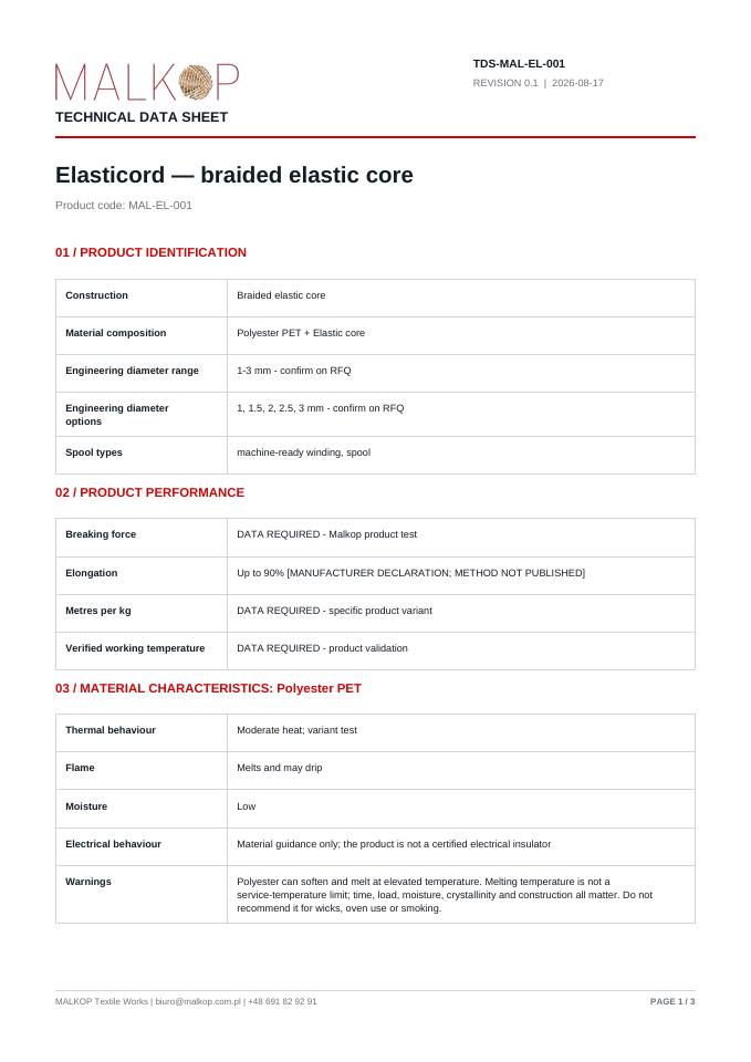 First page of the Elasticord technical data sheet