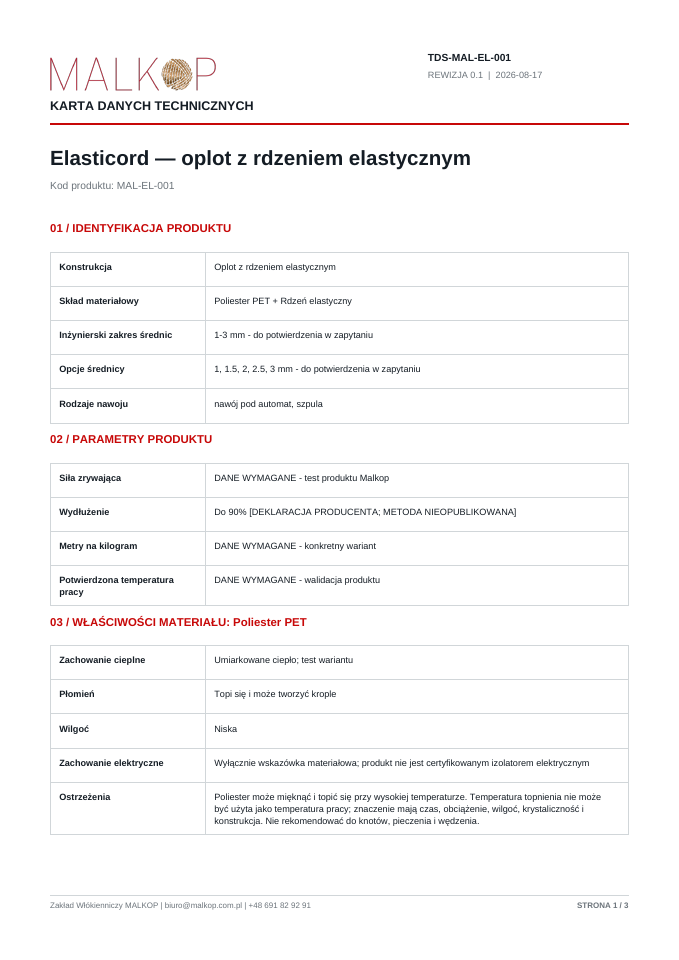 Pierwsza strona karty technicznej Elasticord